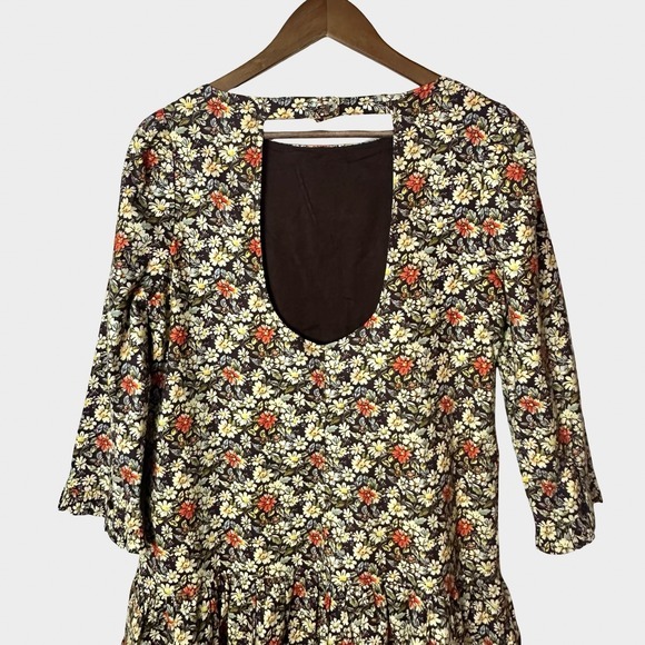 Free People The Avenue Brown Floral Ruffle Mini Dress Cut Out Back‎ M Boho - Picture 7 of 13